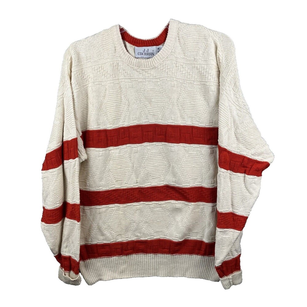 VTG J.J. Cochran L Oversized Red/Cream 100% Cotton Rugby Style Sweater Made USA